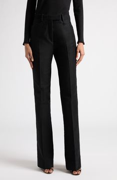 Velvety-soft cotton moleskin adds a tactile element to these runway-featured pants tailored in a flare-leg silhouette with pressed creases. 38 1/2" inseam; 22" leg opening; 11" front rise; 15" back rise (size 36IT) Zip fly with hook-and-bar closure Front slant pockets; back button-welt pockets 100% cotton Dry clean Made in Italy Designer Clothing Elegant Formal Wide Leg Pants With Straight Silhouette, Tailored Straight Silhouette Dress Pants For Evening, Tailored Dress Pants For Evening With Straight Silhouette, Tailored Evening Dress Pants With Straight Silhouette, Fitted Bottoms With Straight Silhouette For Evening, Fitted Straight Silhouette Bottoms For Evening, Fitted Straight Silhouette Evening Bottoms, Formal Wide Leg Pants With Straight Silhouette, Formal Wide Leg Straight Silhouette Pants