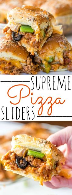 a hand holding up a slice of pizza with the words supreme sliders on it