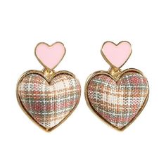 Pink Heart Tweed Earrings - Standart / Pink/gold - earrings Tweed Design, Pngs For Moodboards, Gothic Harajuku, Egirl Fashion, Anime Lingerie, Artsy Outfit, Old Money Aesthetic, Spread Love, Grunge Fashion