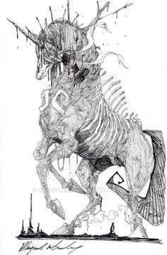 a black and white drawing of a horse with skeleton parts on it's back