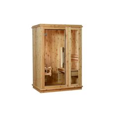 a wooden sauna is shown against a white background