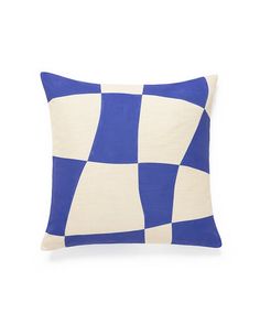 a blue and white checkered pillow on a white background