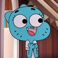 an animated cartoon character with big eyes and a bow around his neck, standing in front of a doorway