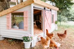 two chickens are standing in front of a chicken coop with pink shutters and windows