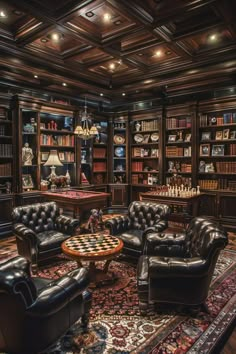 a library with leather chairs and chess board in the center, surrounded by bookshelves