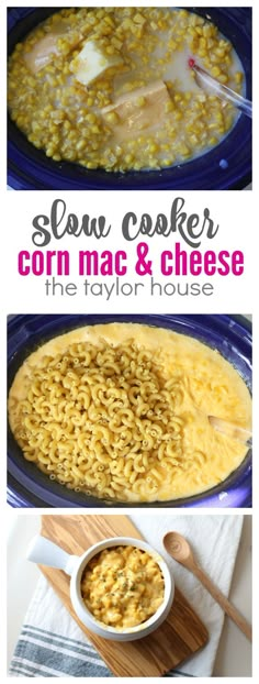 an image of corn macaroni and cheese being cooked in a skillet with the words slow cooker corn macaroni and cheese