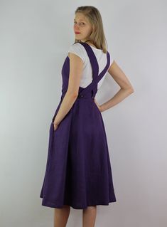 "Handmade purple wrap dress sleeveless and 2 pockets , perfect for casual wear and suitable for any occasion in any season Details: - 100% natural linen produced in Europe ; - medium weight (180 gram per square meter); - color: purple , could be any from our colors catalog (color samples at the photo); Made to order, approximately a few days, If you have any questions please message me and I will be glad to answer. Size guide : Size XS Bust: fits bust around 33\"-34\"/ 84-88 cm Waist: fits waist Purple Dress With Adjustable Spaghetti Straps, Sundress With Adjustable Straps And Cross Back, Sleeveless Purple Dress With Adjustable Straps, Purple A-line Sundress, Summer Purple Dresses With Pockets, Purple Sundress With Spaghetti Straps, Casual Purple Dresses With Pockets, Fitted Sleeveless Pinafore Dress With Pockets, Fitted Sleeveless Linen Dress With Adjustable Straps