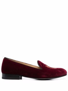 red leather/velvet tiger embroidery almond toe branded insole slip-on style Classic Red Slip-on Loafers, Luxury Red Suede Moccasins, Luxury Red Leather Slip-on Shoes, Red Suede Slip-on Loafers, Luxury Red Slip-on Loafers, Tiger Embroidery, Velvet Slippers, Flat Shoes Women, Red Leather