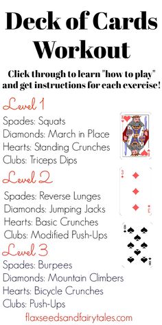 the deck of cards workout is shown with instructions for each card to be played on