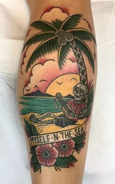 a person with a tattoo on their leg that says, myself n the sea