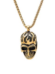 18K Gold Plated Fire Skull Pendant Necklace Fire Skull, Skull Pendant Necklace, Skull Pendant, Metal Necklaces, Jewelry Watches, 18k Gold, Gold Necklace, Gold Plate, On Sale