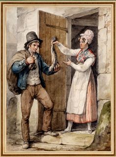 The maid here (specifically her colorful attire) was my inspiration for Elvie in Escaping the Earl. Fisherman Clothes, 19th Century Mens Fashion, Regency Kitchen, Satirical Cartoons, 19th Century Men, Working Clothes, 18th Century Paintings, Mansfield Park