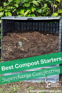 a composting box filled with dirt and mulch next to a sign that says best compost starter