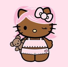 a hello kitty holding a teddy bear wearing a pink hairdow and white dress