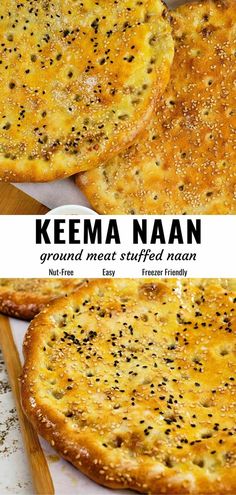 keema naan bread with black sesame sprinkles on top and the words, ground meat stuffed naan above it