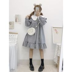 Kawaii Lolita Cute Corduroy Long Sleeve Dolly Dress One Size: Shoulders: 53cm Bust: 94cm Waist: 90cm Length: 89cm Sleeve: 46cm Material: Polyester, Lanon Harajuku Style Spring Dress For School, Harajuku Style Dresses For School In Spring, Spring Harajuku Dress For School, Spring Kawaii School Dresses, Long Sleeve Cotton School Dress, Long Sleeve Ruffled Dress For School, Cute Winter Dress With Doll Collar, Cute Doll Collar Winter Dress, Casual Cotton Dress With Peter Pan Collar