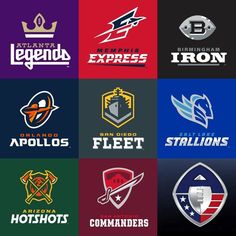 the logos for different sports teams are shown in multiple colors and sizes, including red, white