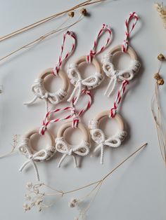 four wooden rings with candy canes tied to them on a white surface next to dried flowers