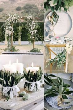 a collage of photos with candles, flowers and greenery