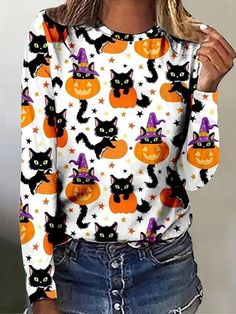 An exclusive offer for you——Affordable prices at Zolucky store, SPU: 294ZT-8M6061, Color: Multicolor, Neckline:Crew Neck, Silhouette:H-Line. Black Cat Print, Plus Size Halloween, Loose Long Sleeve, Casual Sporty, Casual Spring, Halloween Women, Fall Outfits Women, Chest Pad, Casual Sweatshirt