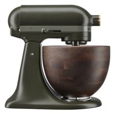 an olive green kitchen mixer with wooden bowl