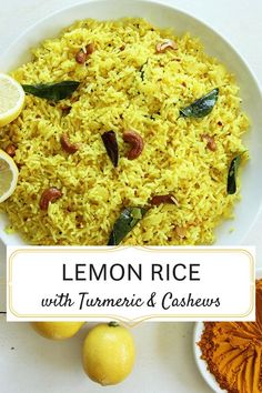 lemon rice with tumericic and cashews in a white bowl on a table