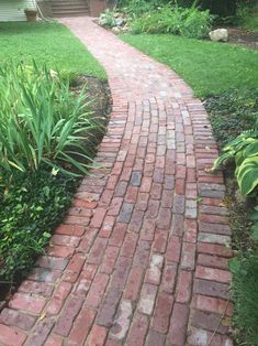 a brick path in the middle of a garden