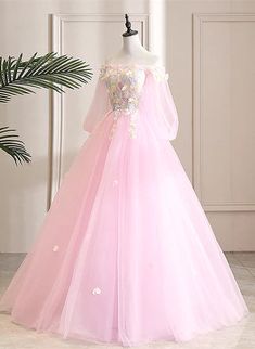 Cute Pink Ball Gown Sweet 16 Dress with Flowers