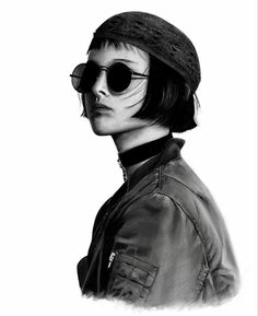 a black and white photo of a person wearing sunglasses, a jacket and a hat