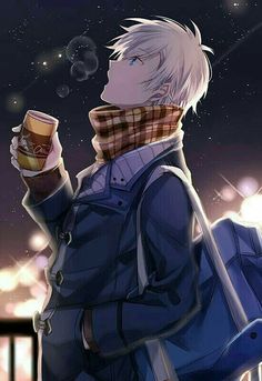 an anime character with white hair and blue eyes holding a coffee cup in his hand