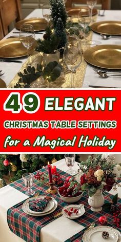 a christmas table setting with place settings for a holiday dinner party or special occasion, and the text reads 39 elegant christmas table settings for a