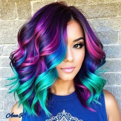 Blue Purple Teal Hair, Bright Vivid Hair Color, Disney Hair Color Ideas, Halloween Hair Color Ideas For Brunettes, Shine Line Hair Color, Halloween Color Hair, Colored Hair With Dark Roots, Pink Purple Teal Hair, Blue Purple Red Hair