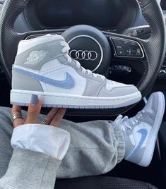 Blue Gray Custom Air Jordan 1s-shecustomize Jordan 1 Mid Wolf Grey, Sepatu Platform, Sepatu Air Jordan, Baskets Jordans, Doudoune The North Face, Custom Air Jordan 1