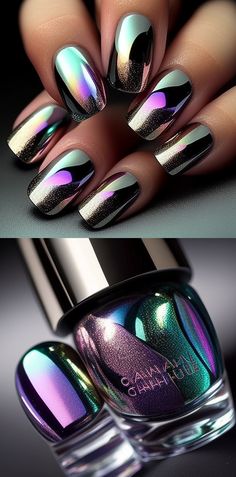 Chrome French Nails: The Key to My Heart French Manicure Designs Chrome, Black Chrome Nails Designs French, Sistaco Nail Art, Mettalic Nails French, Mirror Nails Chrome, Chrome Blue Nails Designs, Good Chrome Nails, Black With Chrome Nails, Pretty Chrome Nails