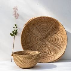 two woven baskets sitting next to each other on top of a white surface with a plant in the middle