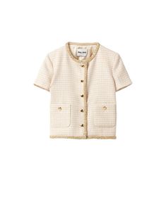 The Tweed Cropped Jacket reimagines a classic Miu Miu style with a boxy, short sleeve design and cropped fit. The jacket features a glass embellished trim and a button down front. It is completed with patch pockets and an embroidered Miu Miu logo.[tab] Composition: Wool/metallic fibers Size and Fit: Runs True to Size Care Instructions: Dry Clean Only Origin: Made in Italy SKU: MIU49P904 Questions about size, fit, or how to style? The KZ team is here to help you look and feel your best! Chat with Classic Luxury Miu Miu Outerwear, Luxury Cropped Tweed Jacket, Spring Luxury Tweed Cropped Jacket, Luxury Fitted Cropped Tweed Jacket, Miu Miu Luxury Casual Outerwear, Luxury Miu Miu Outerwear For Spring, Miu Miu Style, Tweed Cropped Jacket, Miu Miu Logo