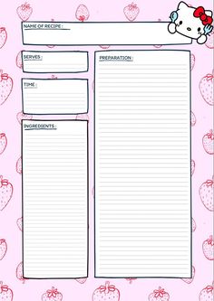 a hello kitty recipe sheet with strawberries on the bottom and writing paper above it