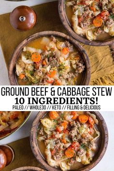 three bowls filled with ground beef and cabbage stew