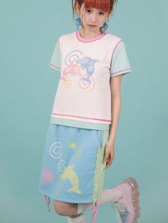 The price is for a skirt only, others are not included.  Garment Size   	 		 			Size 			S 			M 		 		 			Full Length 			45 			47 		 		 			Waist 			64+ 			66+ 		 		 			Hips 			95 			99 Pastel Outfits Summer, Iris Core, Cute Colorful Outfits, Dolphin Illustration, Decora Fashion, Colorful Summer Outfits, Idol Life, Fairy Kei Fashion, Maximalist Fashion