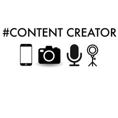 the words content creator are in black on a white background with an image of a camera and a microphone