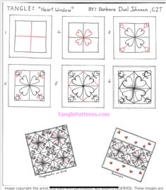 four dimensional squares with hearts and clovers on them, all drawn in different directions