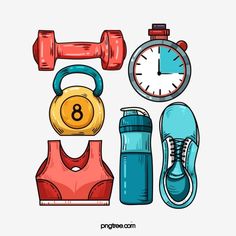 an assortment of sports equipment including water bottle, kettle and clock