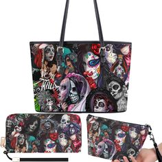 "Sugar skull girl handbag, floral sugar skull purse, mexico travel bag, mexico travel bag, cinco de mayo skull travel bag, calaveras skull wallet, calaveras skull messenger bag, cinco de mayo skull wallet, mexican skull purse, mexican skull bag Women's Tote Bag: Size: Length (44cm/17.3in)  x Width (15cm/5.9in) x Height (28cm/11in) The leather fabric is noble and atmospheric, and the large-capacity handbag can be carried diagonally on one shoulder or directly by hand, and can be carried in variou Rectangular Skull Print Shoulder Bag For Daily Use, Skull Print Tote Bag For Daily Use, Rectangular Shoulder Bag With Skull Print For Daily Use, Skull Print Shoulder Bag For Everyday Use, Halloween Shoulder Bag For Daily Use, Daily Use Skull Print Shoulder Bag, Everyday Tote Bag With Skull Print, Skull Print Shoulder Bag, Rectangular Skull Print Bag For Halloween