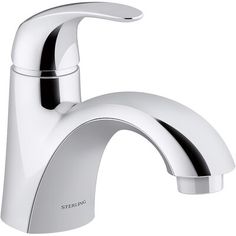 a chrome faucet with the word stering on it and a white background