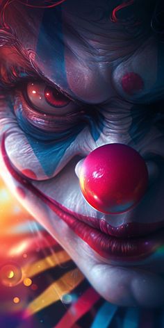 a close up of a clown's face with an evil look on his face