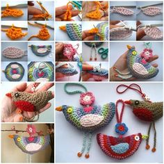 crocheted bird ornaments are being displayed in multiple pictures, including an ornament