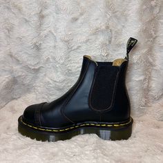 Size: Uk 3 Us Women 5 Us Men 4 Colors: Black With Yellow Stitching Made In England 1 1/4” Heel, 1” Platform Some Creasing And Heel Has Some Slight Heel Drag Overall Great Condition Original Box And Dust Bag Included Womens Dr. Martens 1460 8-eye Patent Boot - Black, Shoes Dr Martens, Moto Boots, Us Man, Chelsea Boot, Dr. Martens, Chelsea Boots, Original Box, Overalls