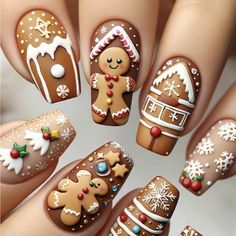 Super Cute And Stylish Ships In 5-10 Business Days Ginger Bread Nails Christmas, Ginger Bread Nail Art, Ginger Bread Nails Design, Ginger Bread Nail Designs, Bread Nails, Gingerbread Nails, Nagel Tips, Holiday Nail, Nail Art Set