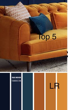 an orange couch with blue pillows and the words top 5 on it in different colors