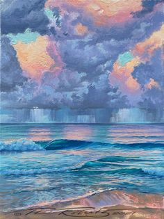 an oil painting of clouds over the ocean